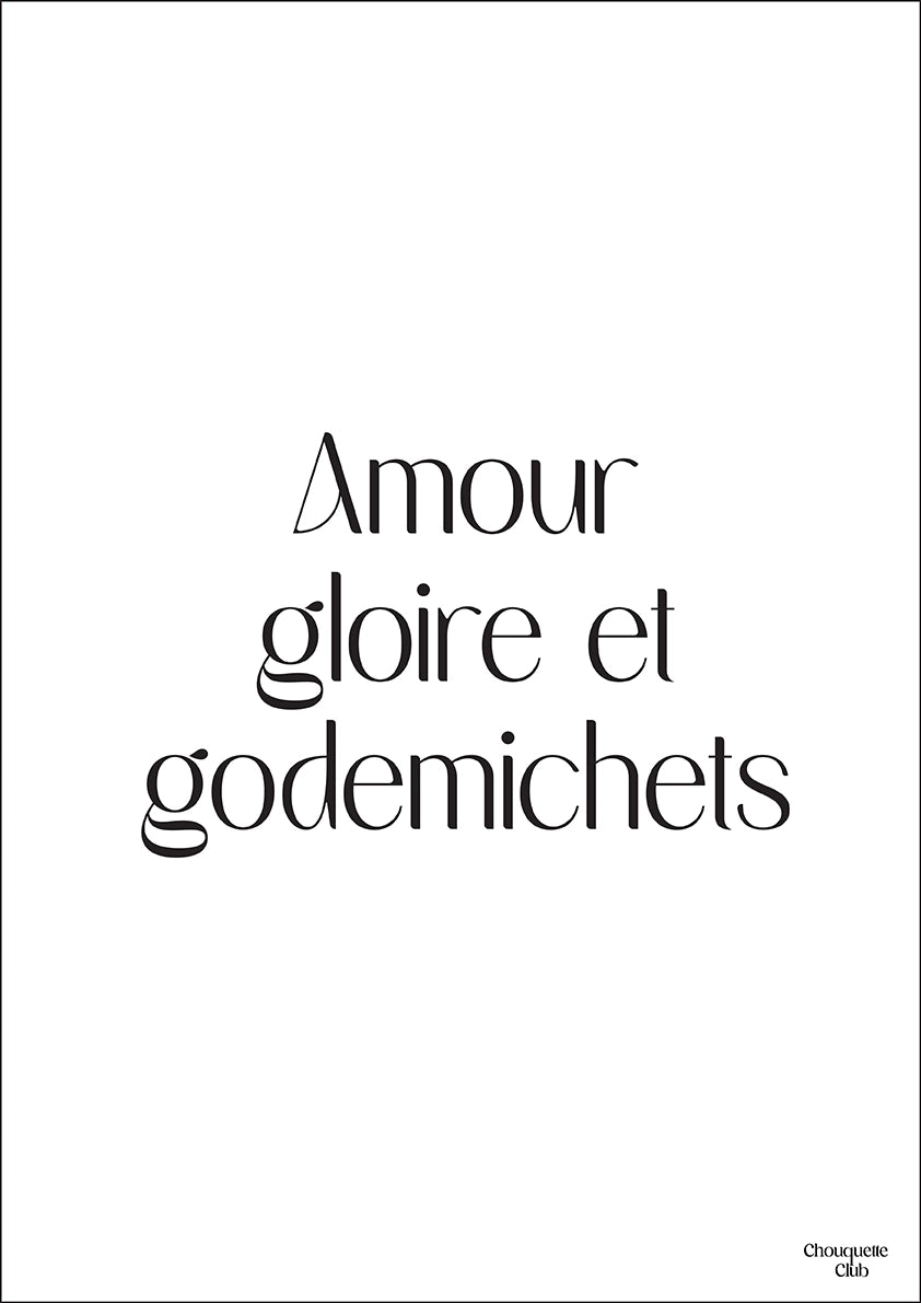 carte postale blanche avec écriture en noir dessus “Amour, gloire et godemichets”