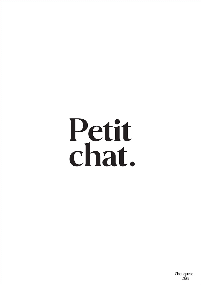 une carte postale blanche avec écriture en noir dessus “Petit chat”