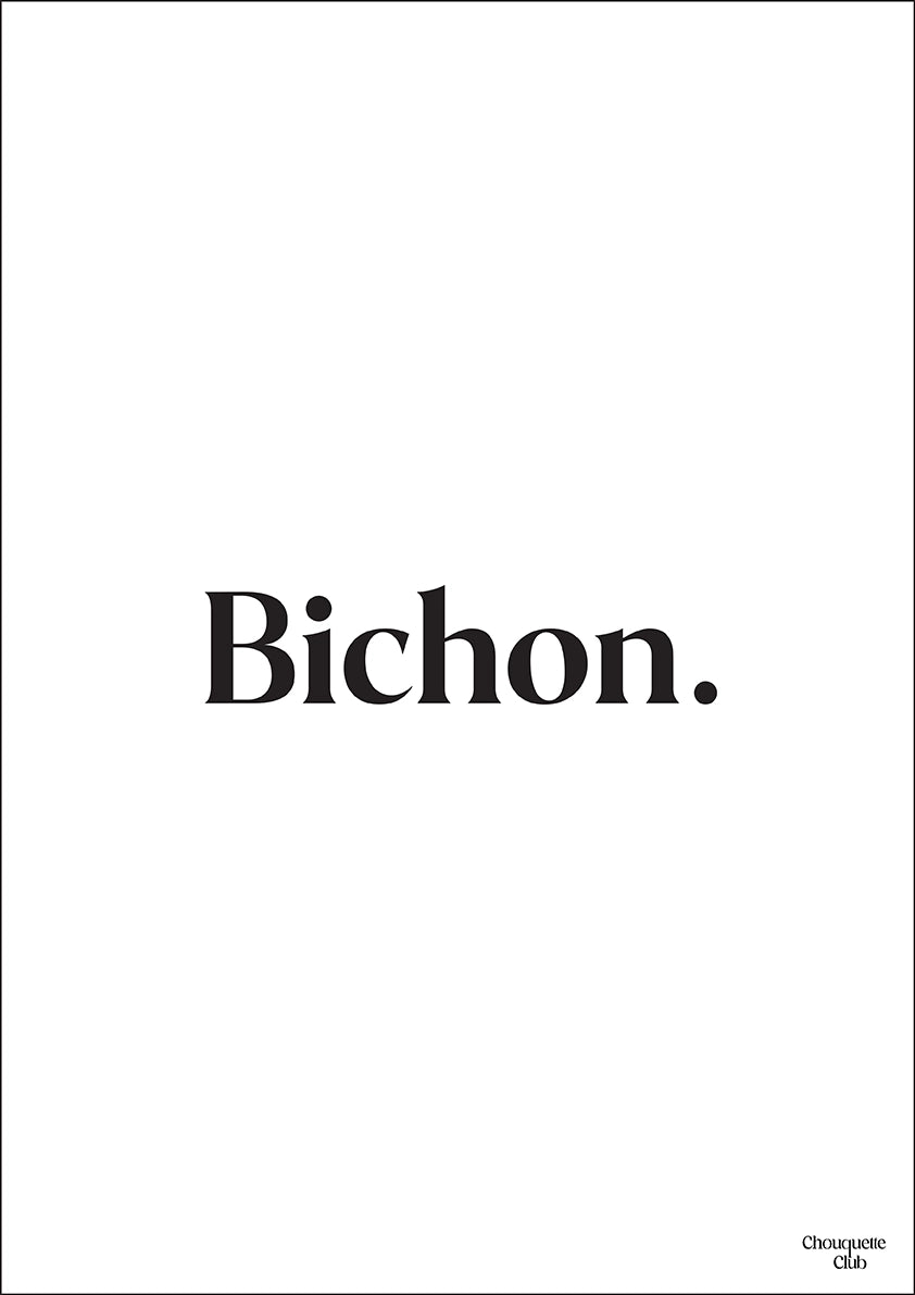 une carte postale blanche avec écriture en noir dessus “Bichon”