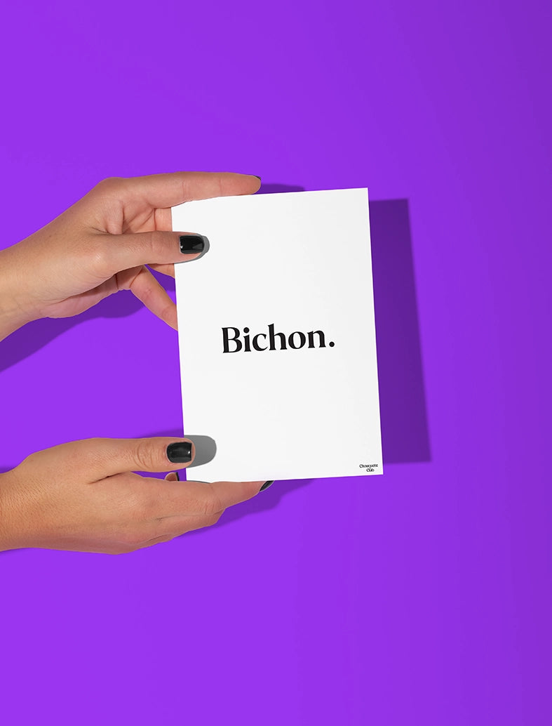 Deux mains qui tiennent une carte postale blanche avec écriture en noir dessus “Bichon”