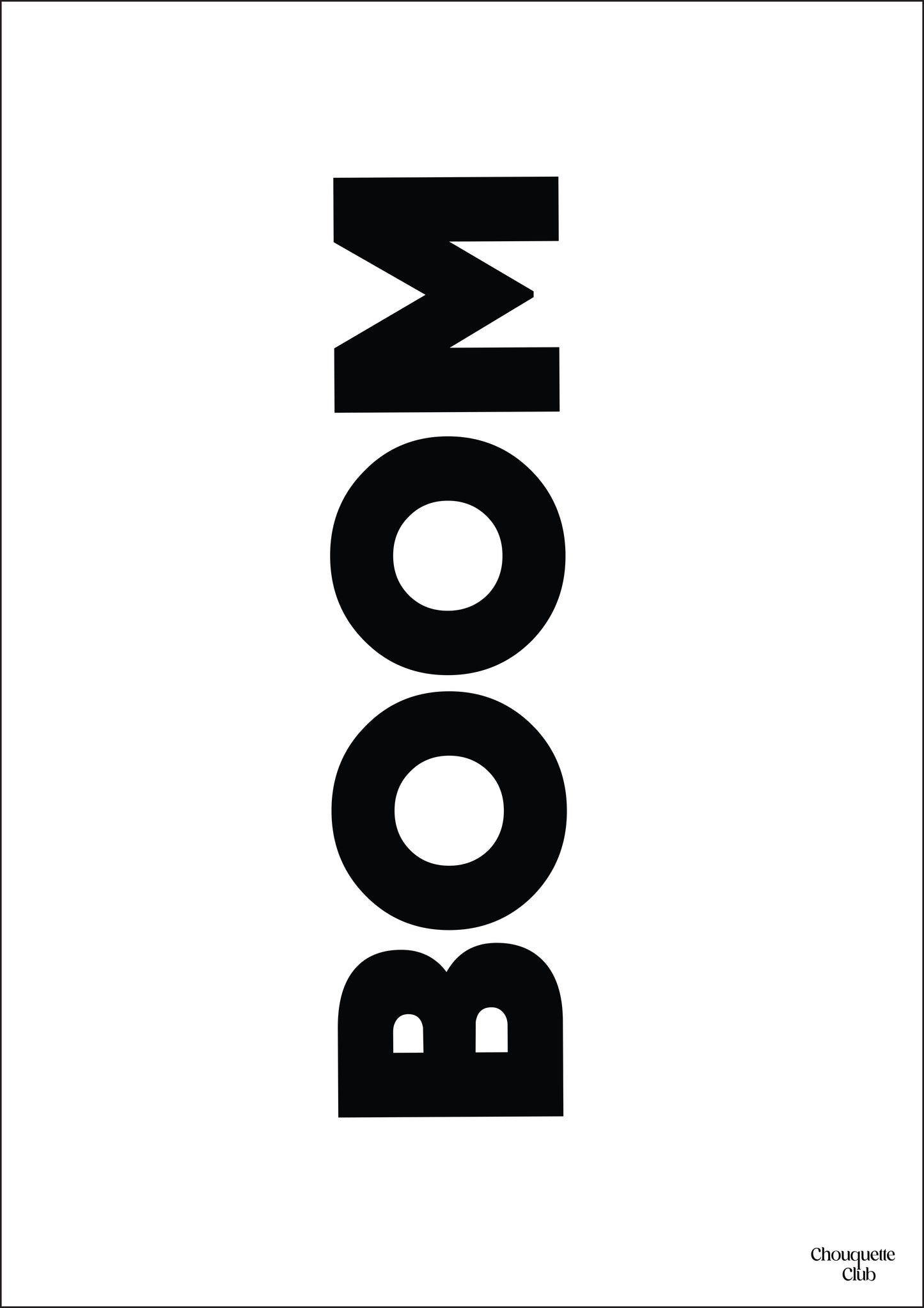 carte postale blanche avec écriture en noir dessus “Boom”.