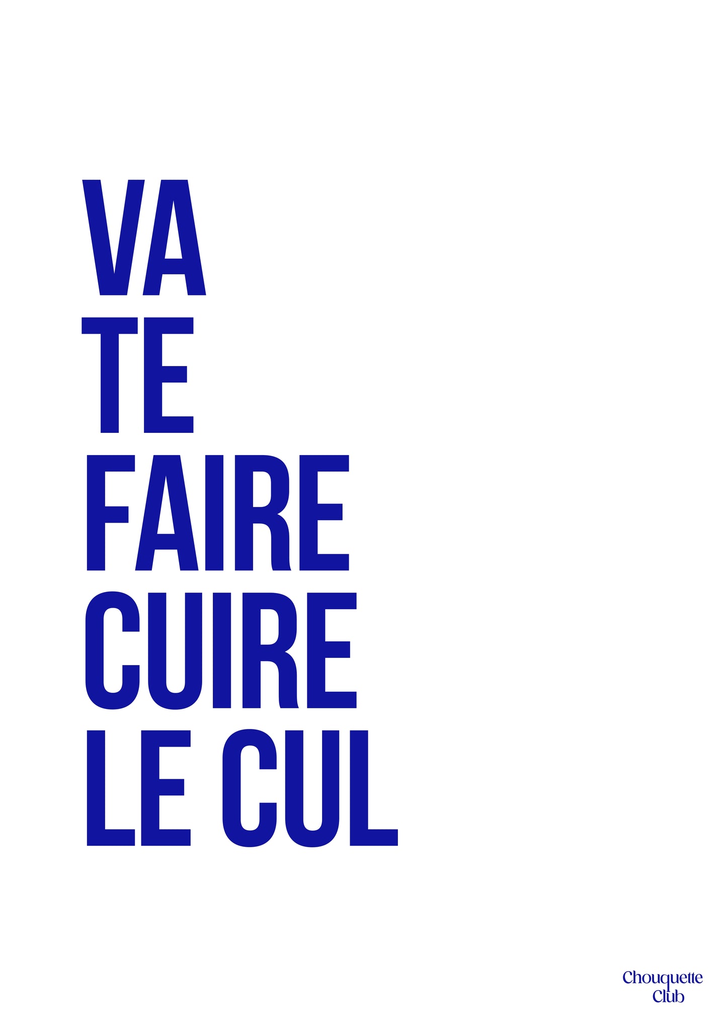 Une carte postale blanche avec écrit dessus "Va te faire cuire le cul " en bleu
