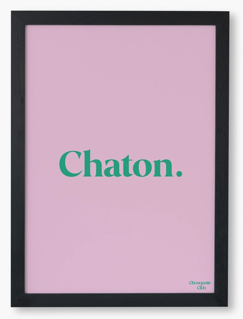 affiche chaton vert et rose dans un cadre noir