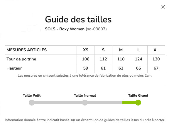 guide des tailles femme