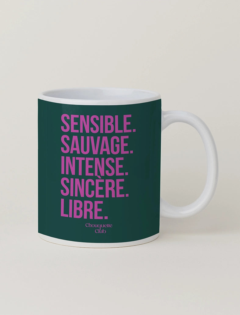 Mug "Sensible et sauvage" vert sapin et rose 