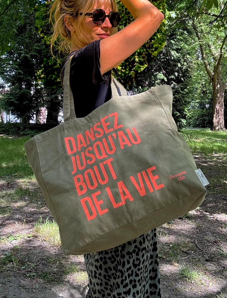 Tote bag XL coton bio "Dansez jusqu'au bout de la vie" kaki et corail fluo