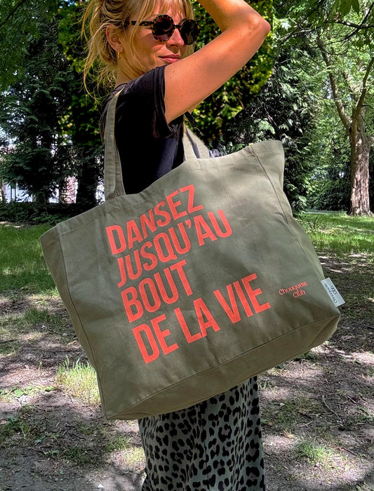 Tote bag XL coton bio "Dansez jusqu'au bout de la vie" kaki et corail fluo