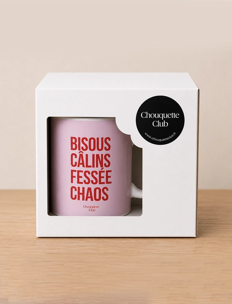 Mug "Bisous câlins fessé chaos" rose et rouge