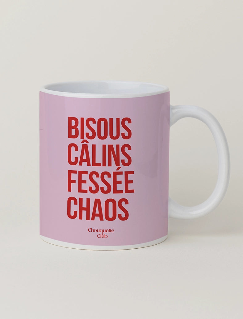 Mug "Bisous câlins fessé chaos" rose et rouge