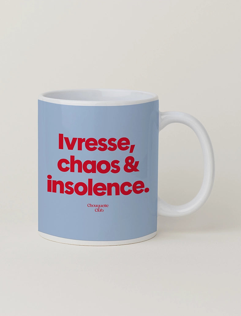 Mug "Ivresse, chaos et insolence" bleu et bordeaux