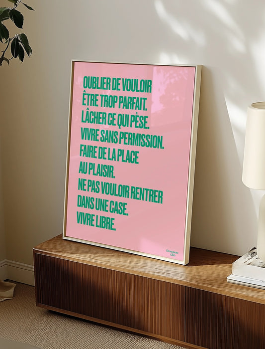 Poster Mantra #7  "Vivre libre" rose et vert