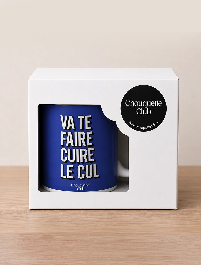 Mug "Va te faire cuire le cul" bleu éléctrique dans une boite blanche
