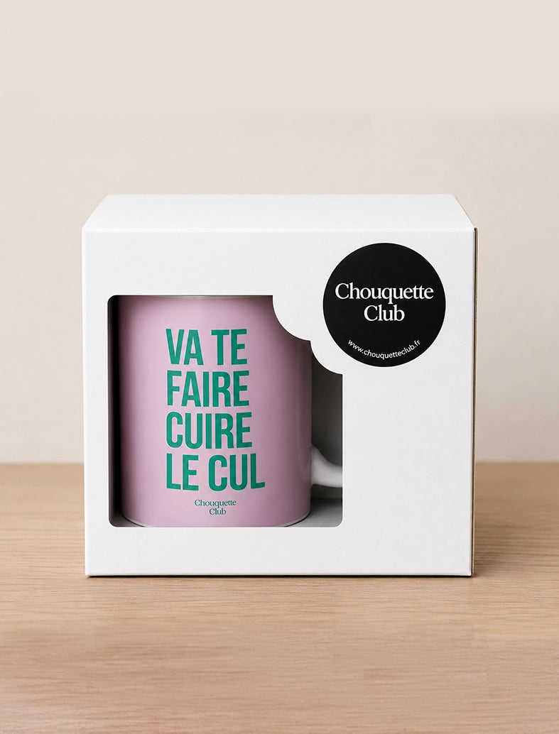 Mug "Va te faire cuire le cul" rose et vert Chouquette Club dans sa boite
